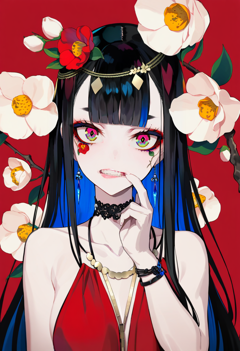 02948-94320753-masterpiece, best quality, _lora_LAMXL_ANI31_lokr_V42310_0.95_ 1girl, multicolored eyes, solo, flower, jewelry, red background,.png